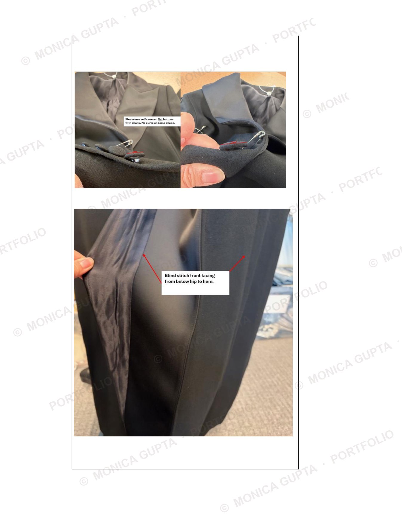 Pleat engineering: blind-stitch and facing corrections