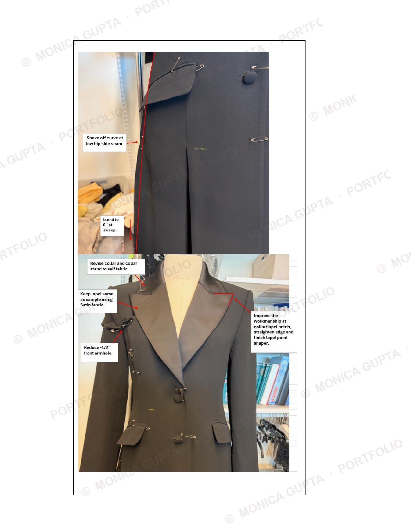 Collar, lapel and hip-curve corrections pinned on the form