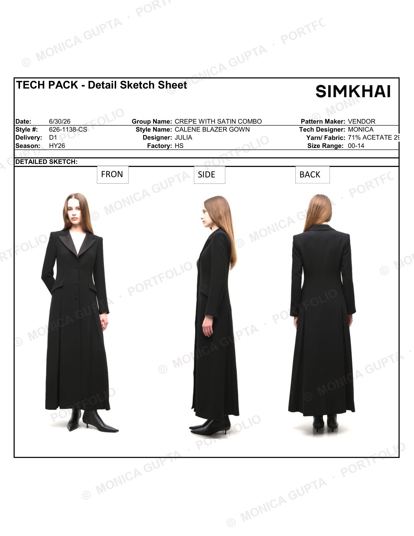 Final PPS sample of the Calene blazer gown, front, side and back views