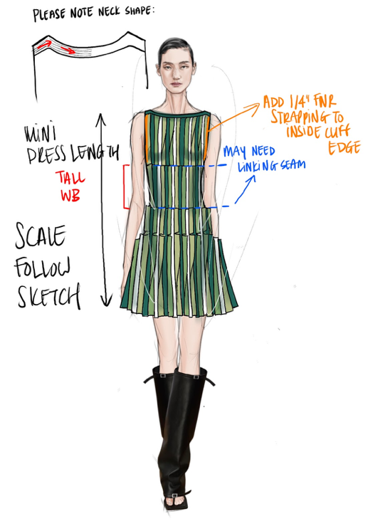 Annotated development sketch with length, waistband and strapping callouts