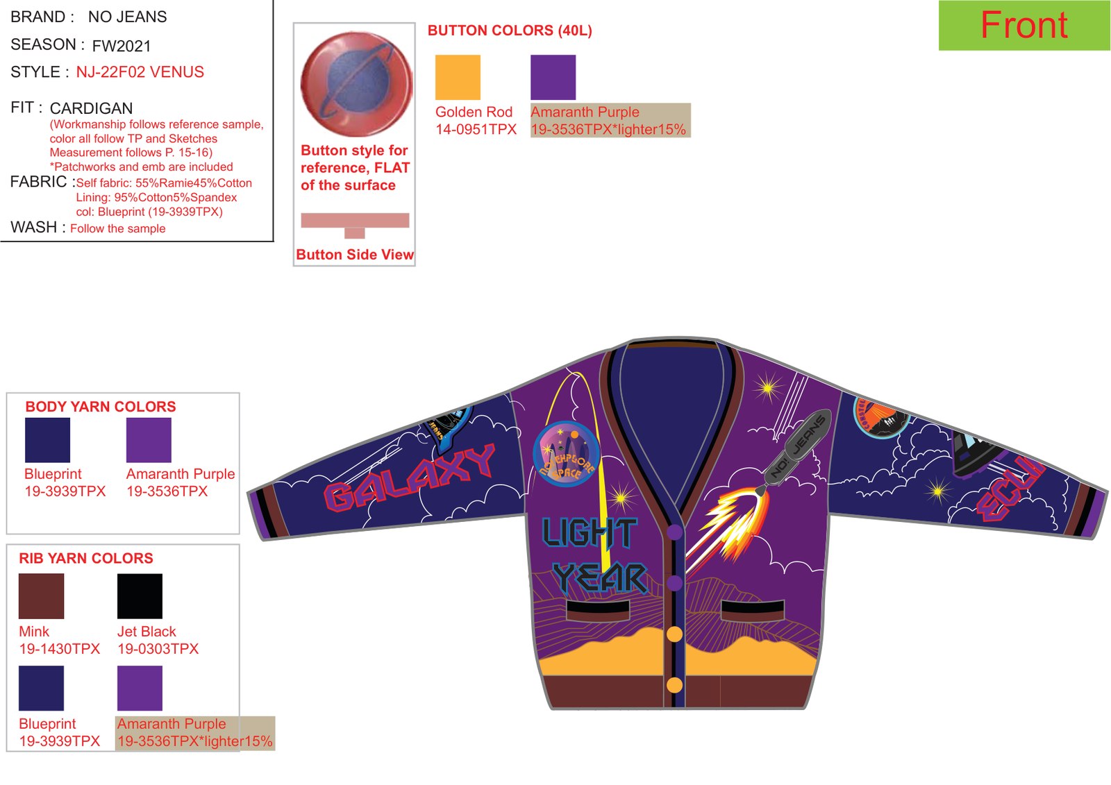 Front color plan: body and rib yarns